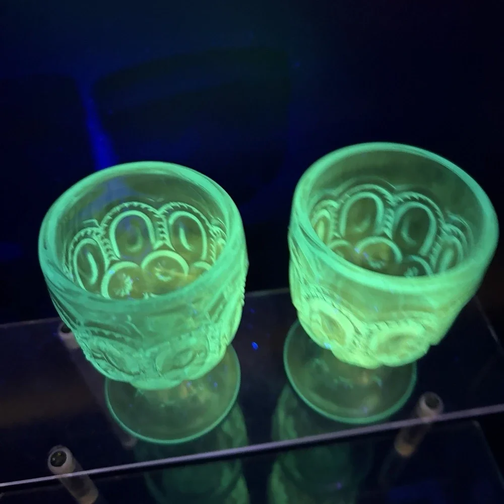 Vintage LE Smith Moon & Stars Peacock Blue Cordial Set of 2 Pedestal Goblet UV +